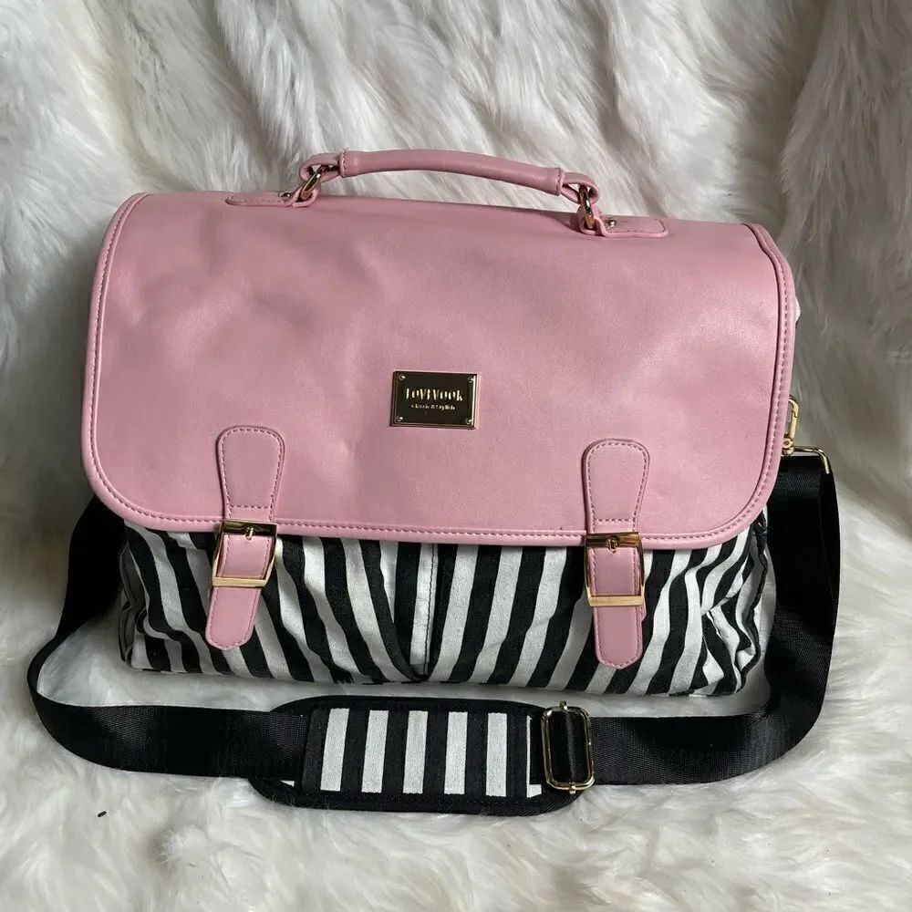 Lovevook laptop shoulder bag Black & white stripes canvas,pink faux leather